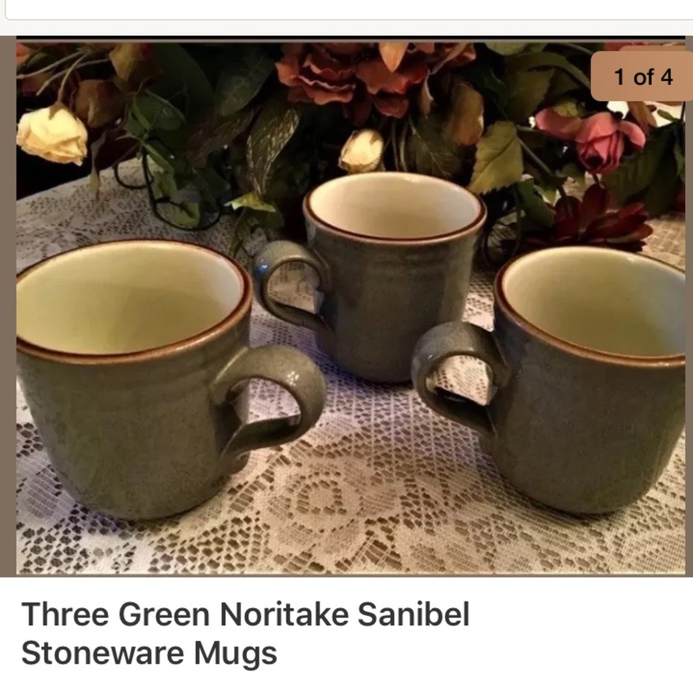 Set Of Three Green Noritake Sanibel Stoneware Mugs